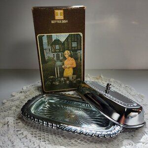 Butter Dish Chrome Vintage 1971 Irvinware Plated Glass Insert Lid Original Box